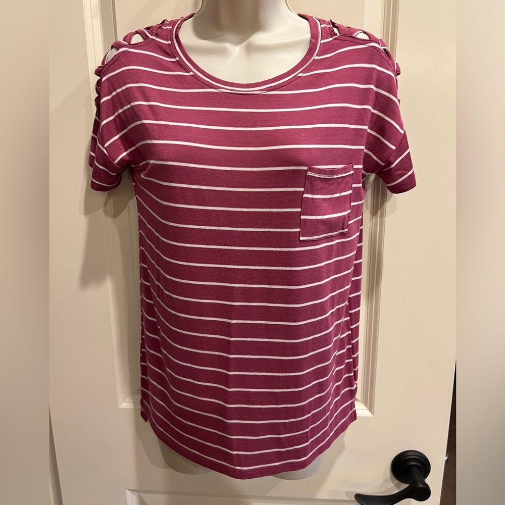 Moral Fiber  scoop neck striped short sleeve stretch top S